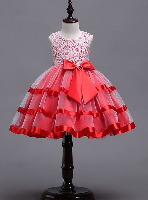 Kids Girls' Active Sweet Christmas Party Holiday Patchwork Lace Sleeveless Knee-length Dress Red -   16 dress For Kids 2019 ideas