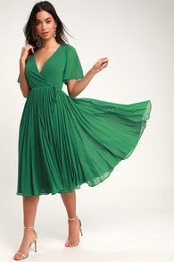 Lulus | First Impression Dark Green Pleated Midi Wrap Dress | Size Small | 100% Polyester -   17 dress Midi classy ideas