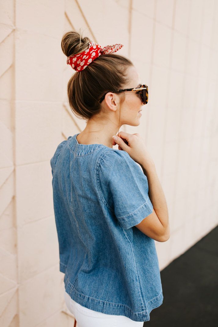 An Easy Denim Top for Summer (+ 4th of July Outfit Inspiration!) -   17 hairstyles Bandana top knot ideas