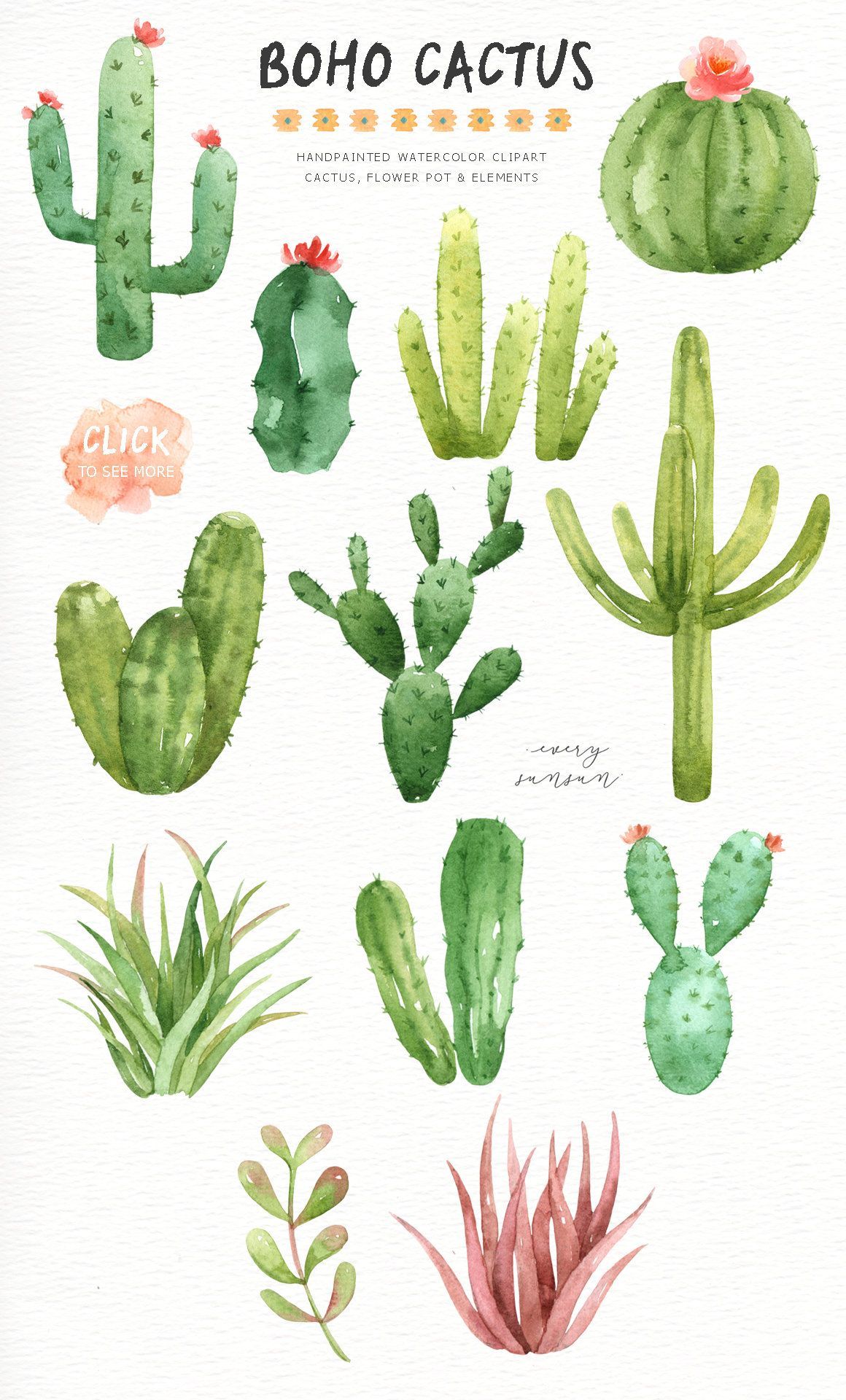 Boho Cactus Watercolor Cliparts, Boho Clipart, Botanical Plant, Tropical Clipart, Cactus Pack, Succu -   17 indoor plants Watercolor ideas