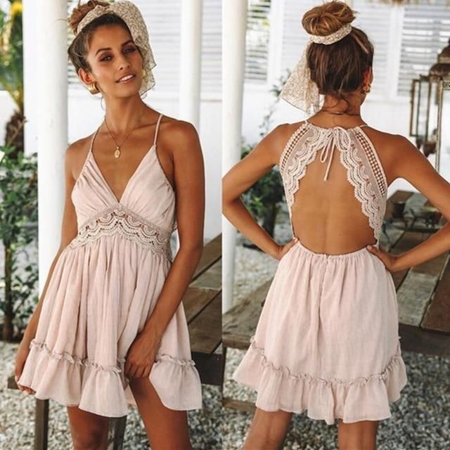 Summer Dress Sexy Crochet Lace Backless V Neck Women Strap Sleeveless Hollow Out Short Casual Beach Party Dresses Vestidos -   18 dress Casual invierno ideas