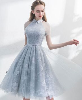 Unique gray tulle lace short prom dress, gray evening dress -   18 dress Cute formal ideas