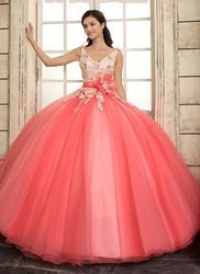 ericdress / Luxurious Straps Ball Gown V-Neck Flowers Lace Up Quinceanera Dress -   18 dress Largos morenas ideas