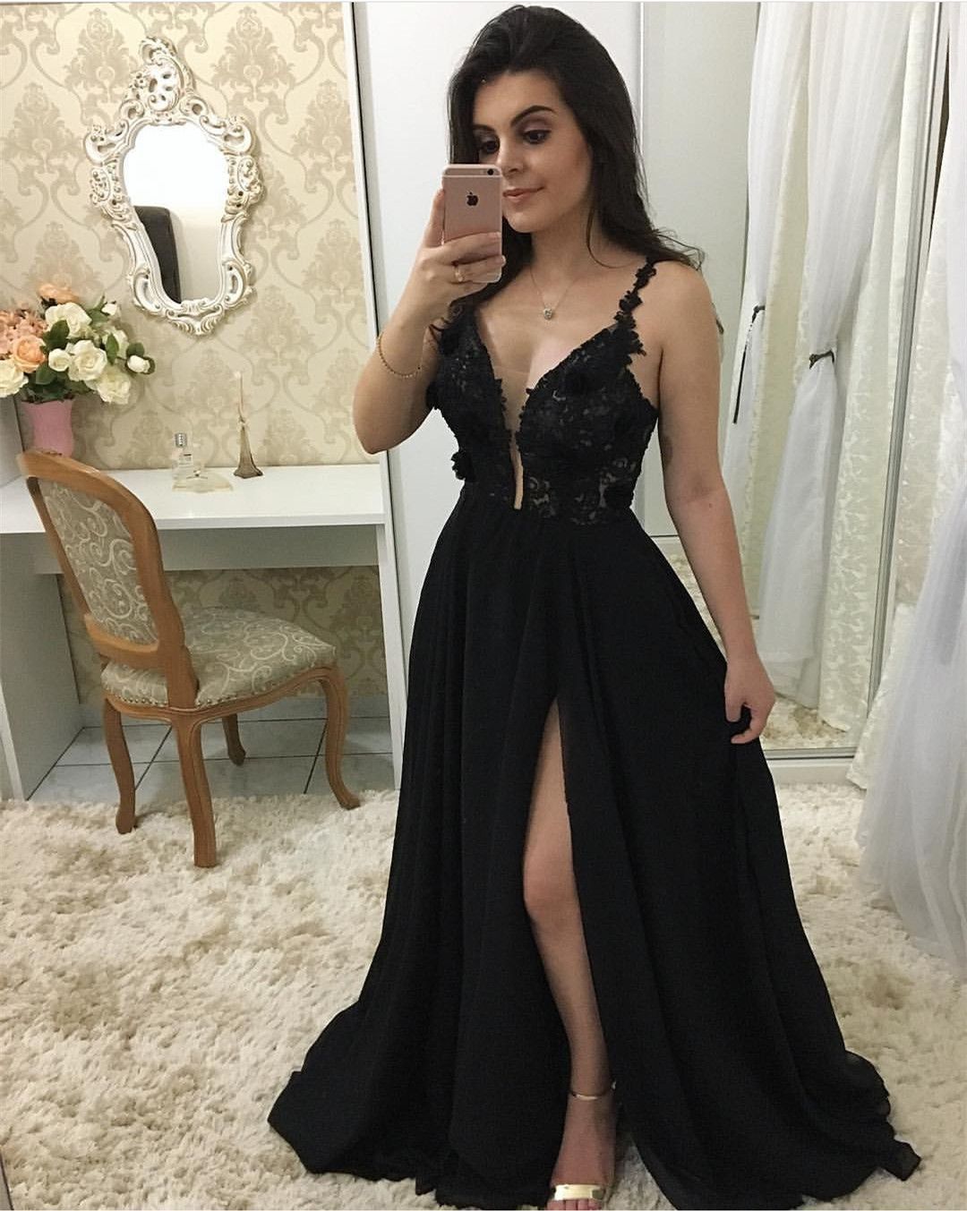 Sheer Plunging Neck Prom Dresses,Black Chiffon Prom Dress with Split D0982 -   19 dress Black gala ideas