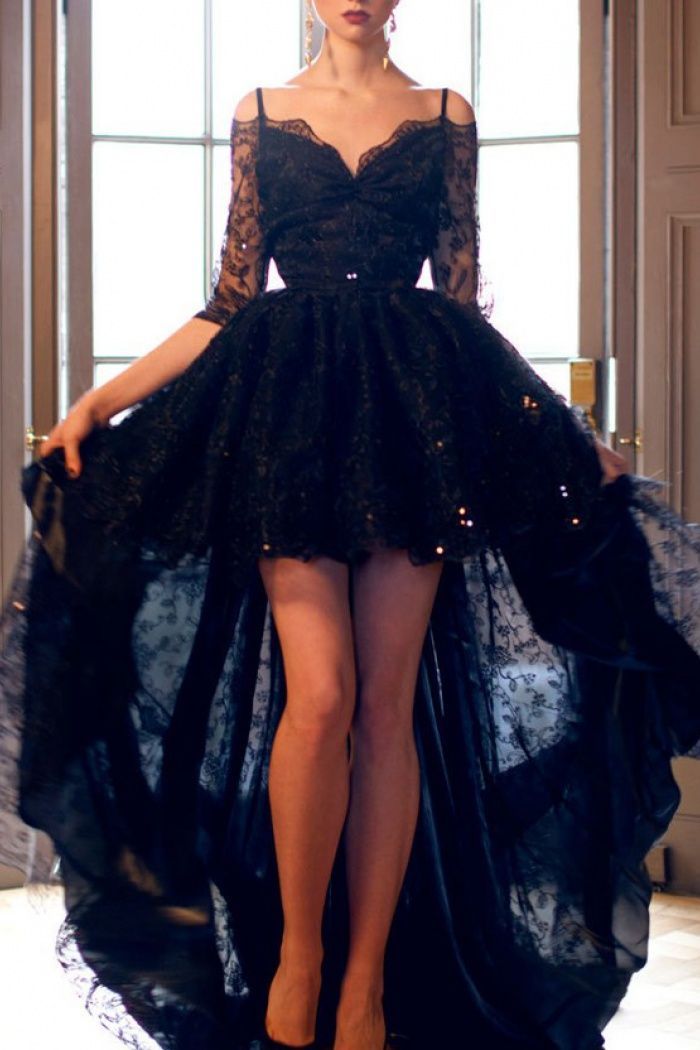 A-line Spaghetti Straps Lace High-low Black Evening/Homecoming/Prom Dress With Half Sleeves -   19 dress Black gala ideas
