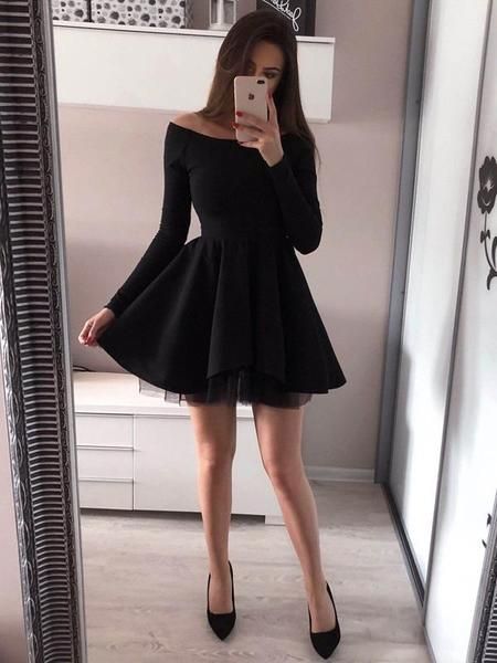 New Arrival A-Line Black Satin Homecoming Dresses With Long Sleeves,FPBD042 -   19 dress Black gala ideas