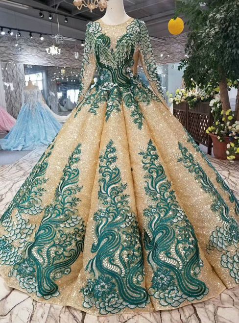 Gold Ball Gown Sequins Green Lace Appliques Long Sleeve Wedding Dress -   19 dress Green lace ideas