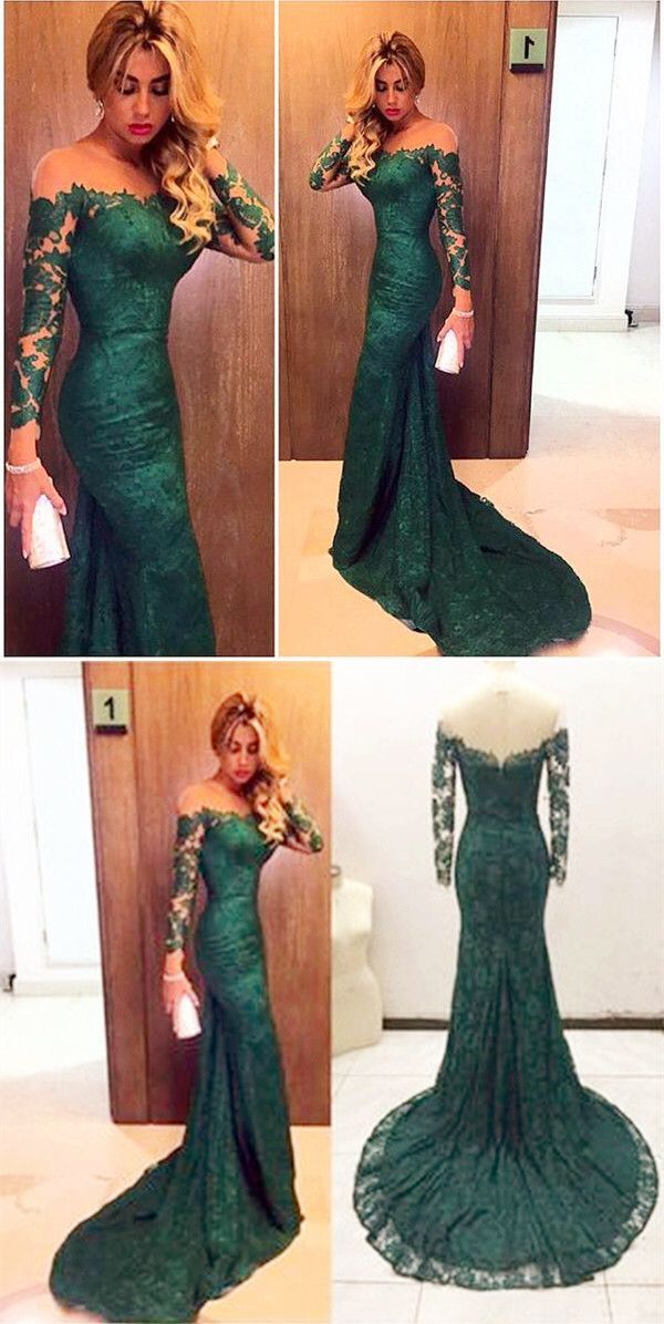 Sheer Neckline Long Sleeves Lace Prom Dresses Mermaid Evening Gowns – slayingdress -   19 dress Green lace ideas