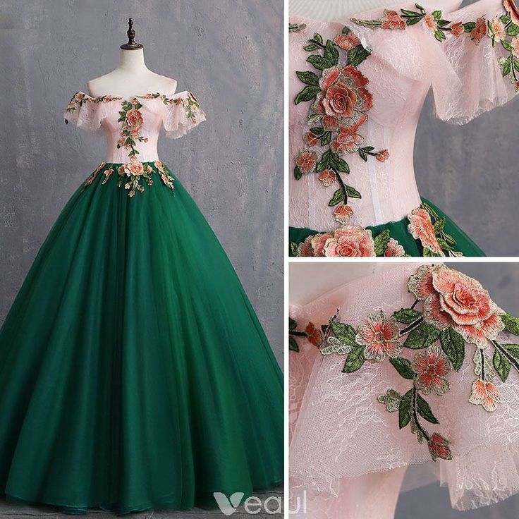 Vintage / Retro Dark Green Prom Dresses 2019 Ball Gown Appliques Lace Off-The-Shoulder Short Sleeve Backless Floor-Length / Long Formal Dresses -   19 dress Green lace ideas