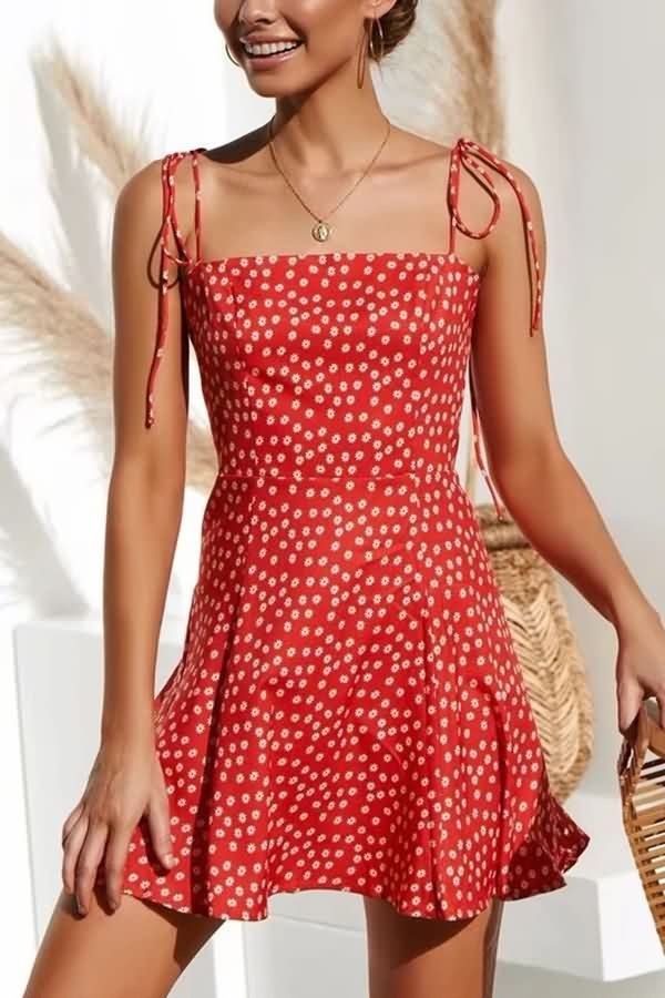 Red Floral Print Spaghetti Straps Tied Back Shirred Sexy Dress -   19 dress Summer beauty ideas