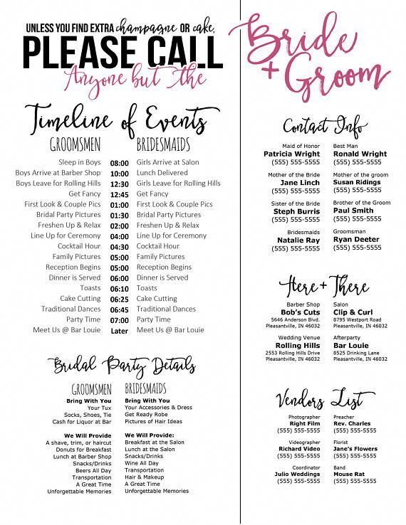 Editable Wedding Timeline - Call Anyone but the Bride and Groom! - Edit in Word - Phone numbers and timeline - Day of Wedding Schedule -   7 basic wedding Checklist ideas
