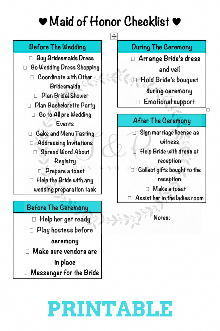 Maid of Honor/Bridesmaid Printable Pack | Bridal Shower Checklist | Bachelorette Party Checklist | M -   7 basic wedding Checklist ideas