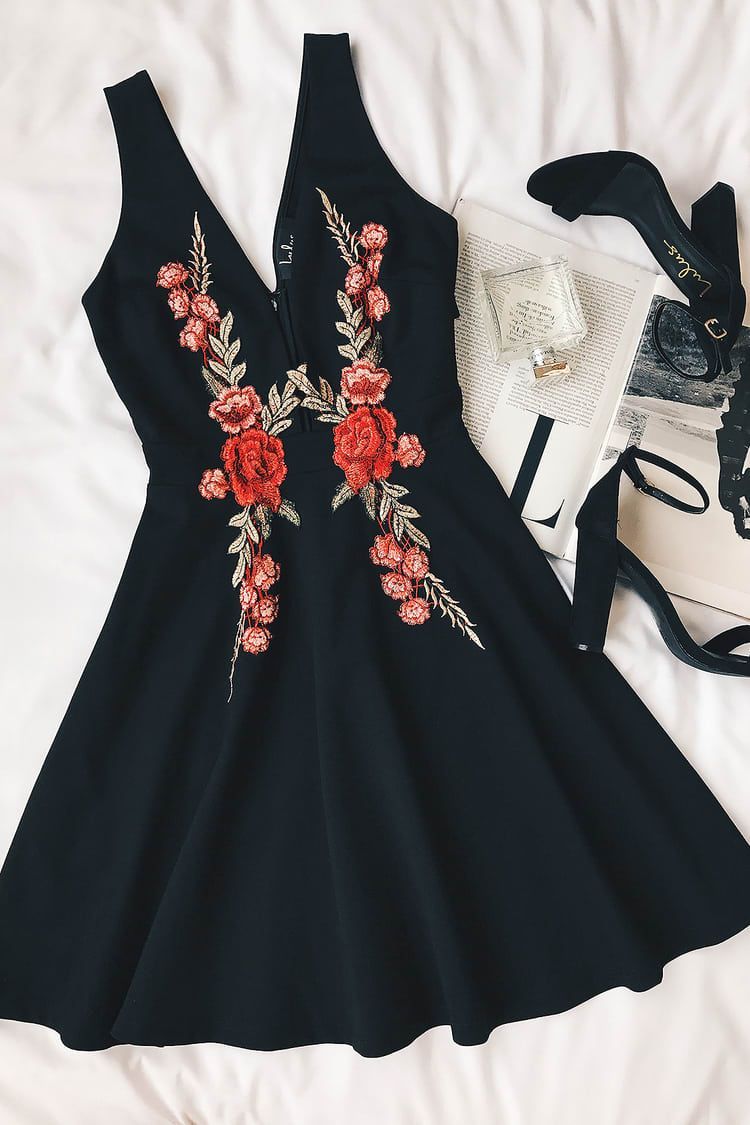 Romantic Rose Black Embroidered Skater Dress -   11 dress DIY shape ideas