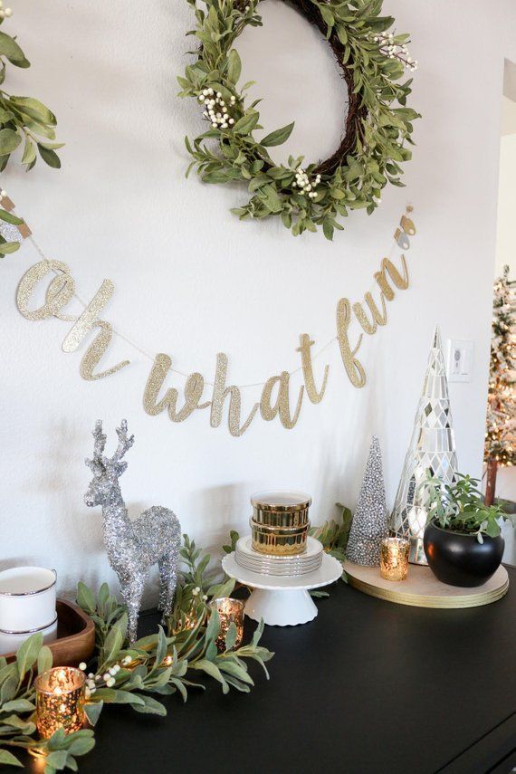 OH WHAT FUN Gold Glitter Banner Sign with 'Christmas Lights' | Christmas Winter Holiday Party Decor -   13 holiday Party decorations ideas