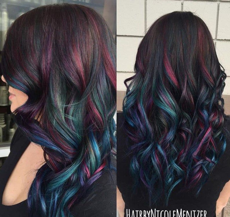 OIL SLICK GALAXY Mermaid Ombre Real Human Hair Extensions Clip In Extensions Festival Hair Weave Ariel Hair Extensions -   13 mermaid hair Color ideas