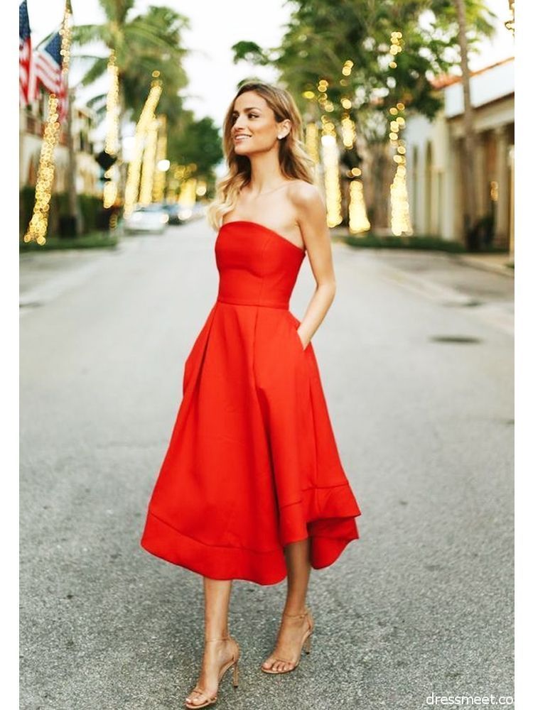 Classic Red Homecoming Dresses,Strapless Tea Length Sleeveless Prom Dress -   14 dress Cocktail coctel ideas