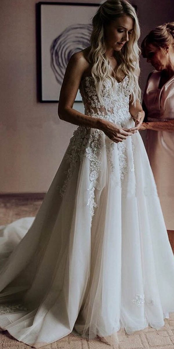 A-Line Sweetheart Sweep Train Wedding Dress with Appliques Beading WD393 -   15 dress Fashion wedding ideas