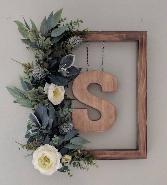 Farmhouse Monogram Wreath, Initial, Greenery, Flowers, Wood, Custom, Customizeable, Front Door, Sage, Peony, Welcome, Home, Family, Garden -   15 home accents DIY projects ideas