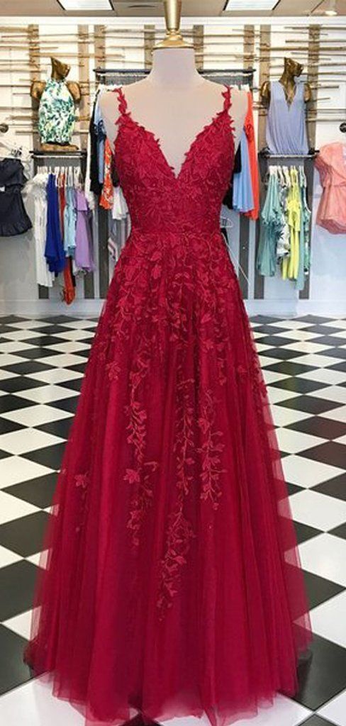 Fancy Lace Long A-line Tulle Red Evening Party Prom Dresses -   16 dress Party red ideas