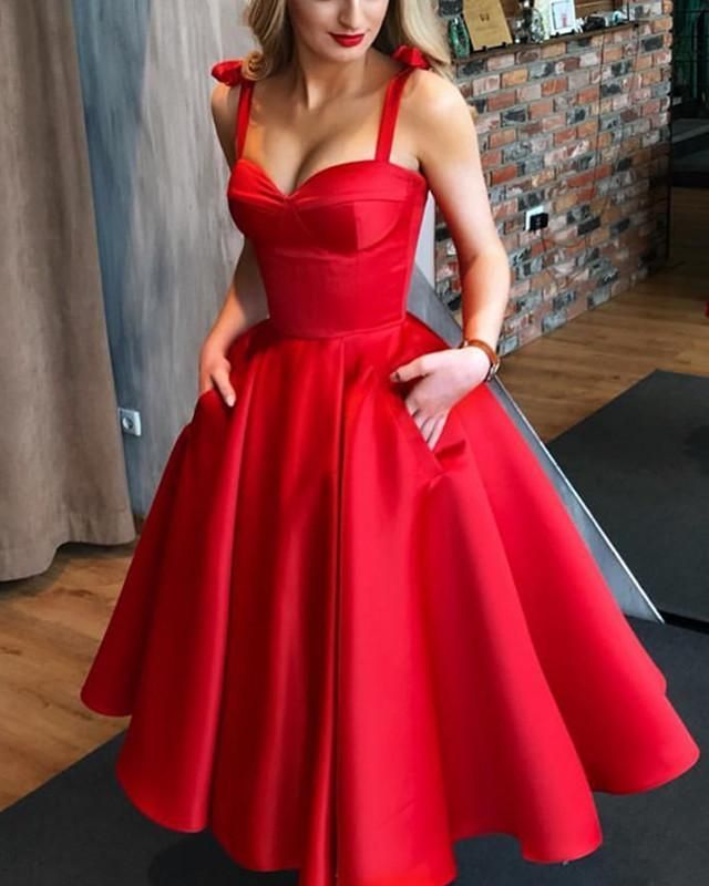 Spaghetti Straps Sweetheart Satin Ball Gowns Bridesmaid Dresses Tea Length -   16 dress Party red ideas