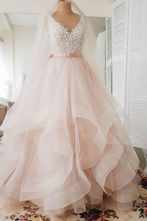 Pink v neck tulle lace long prom dress, pink tulle evening dress -   16 pink wedding Gown ideas