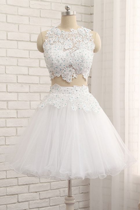 White Tulle Short Two Pieces Homecoming Dress, Lace Prom Dress ,Sexy Formal Evening Dress,Custom Made -   17 dress Cocktail white ideas