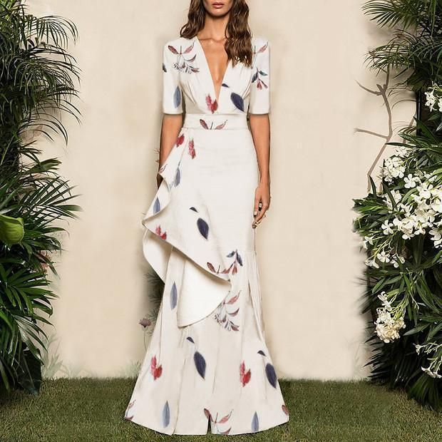 Sexy Floral Deep V Collar Medium Sleeve Evening Dress -   17 dress Evening medium ideas