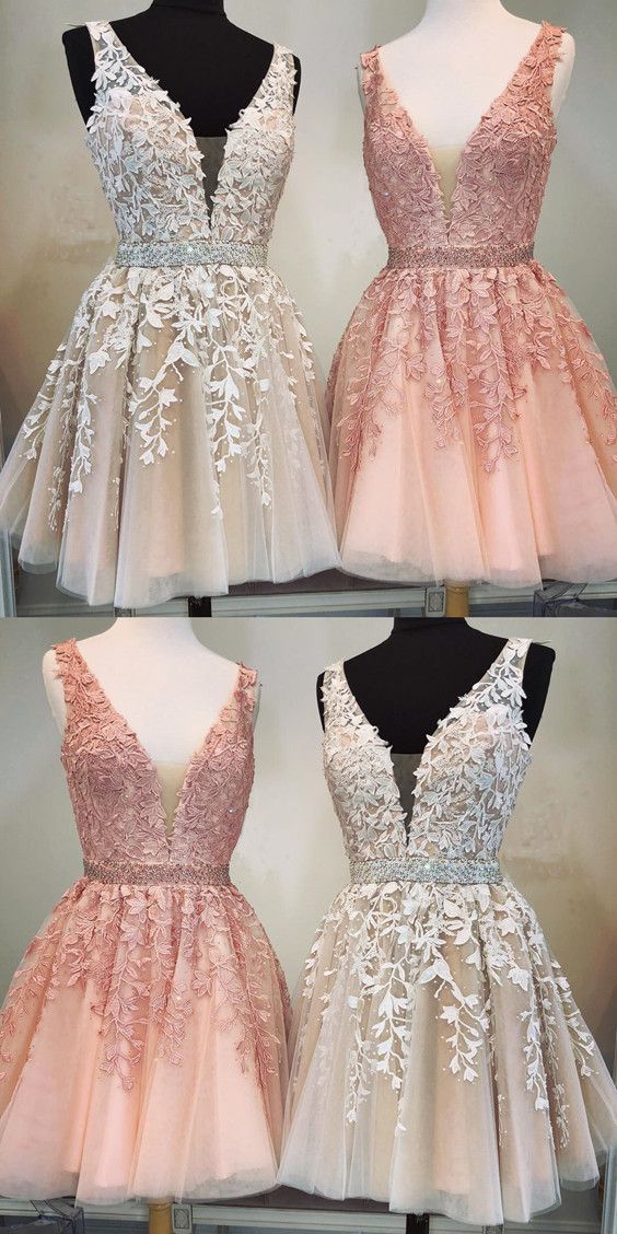 Short A-line V-neck Beaded Sashes Tulle Prom Homecoming Dresses Lace Embroidery C12 -   17 dress Lace fashion ideas