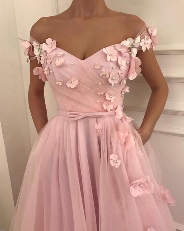 Gorgeous Flowers Beaded V-neck Off Shoulder Prom Dresses Long Tulle Evening Gowns -   17 dress Party pink ideas