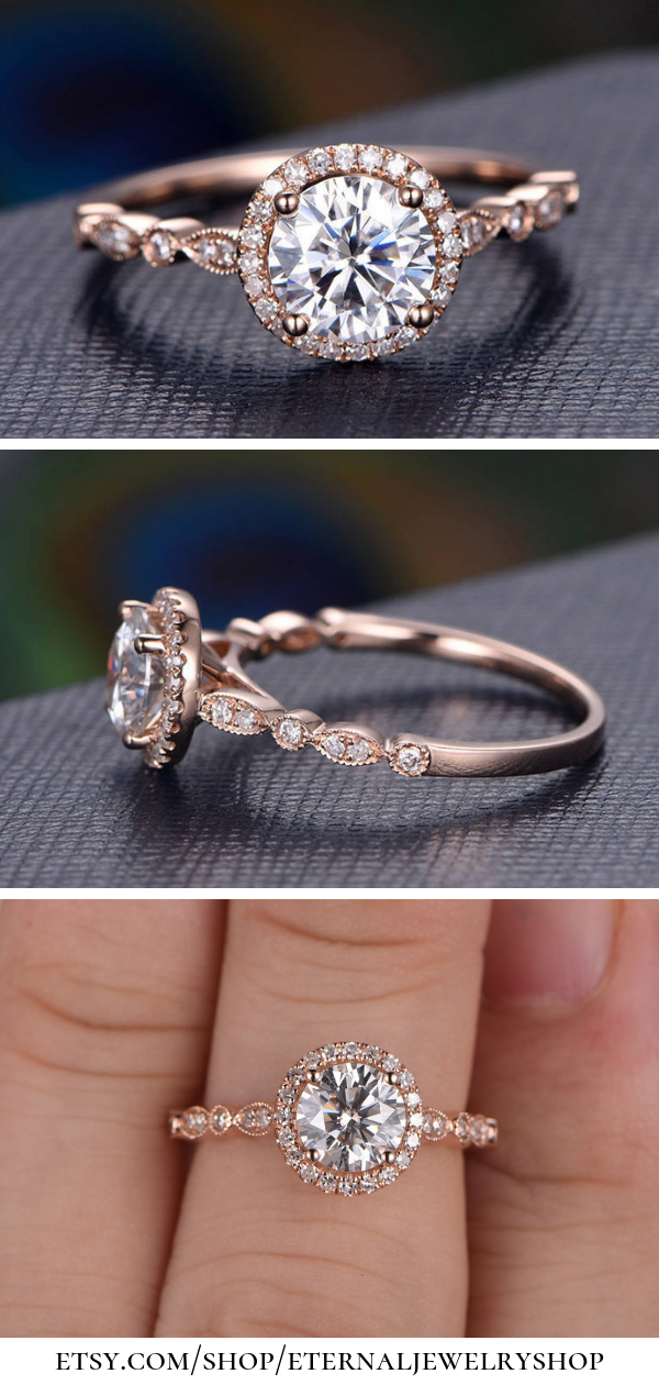 Halo moissanite engagement ring -   17 wedding Rose Gold ring ideas