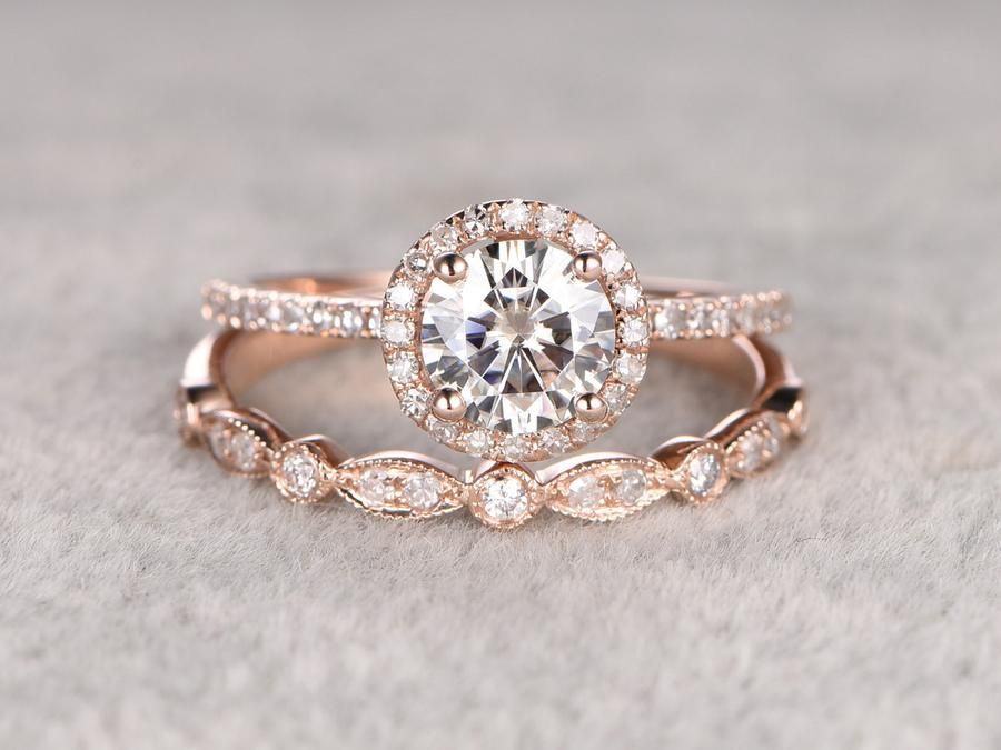 payment plan:Moissanite Bridal Set,Moissanite Engagement ring Rose gold,Diamond wedding band,14k,6.5mm Round Cut,size 8 -   17 wedding Rose Gold ring ideas
