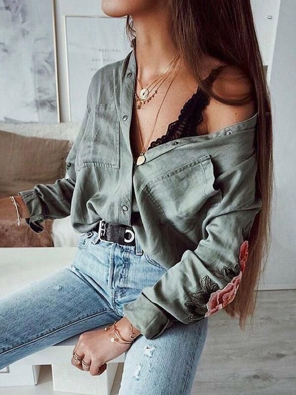 Long Sleeve Army Green Blouses&Shirts Top -   13 women’s jewelry Trends shirts ideas