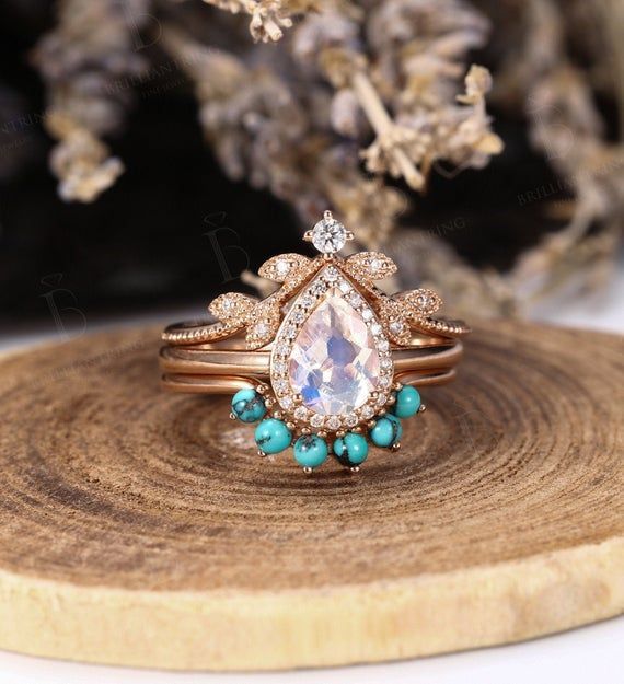 Moonstone engagement ring set women Rose gold pear cut vintage leaf moissanite turquoise Wedding Jew -   15 wedding Rose Gold inspiration boards ideas