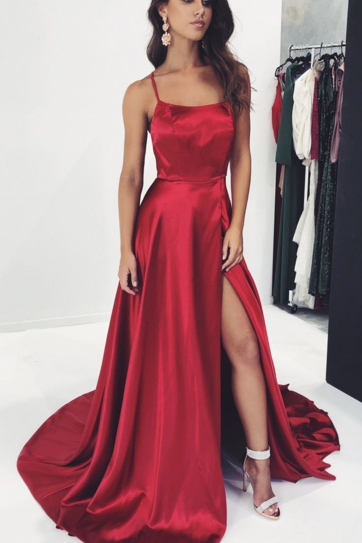 Straps Red Long Evening Dress with Side Slit -   16 dress Long 2018 ideas
