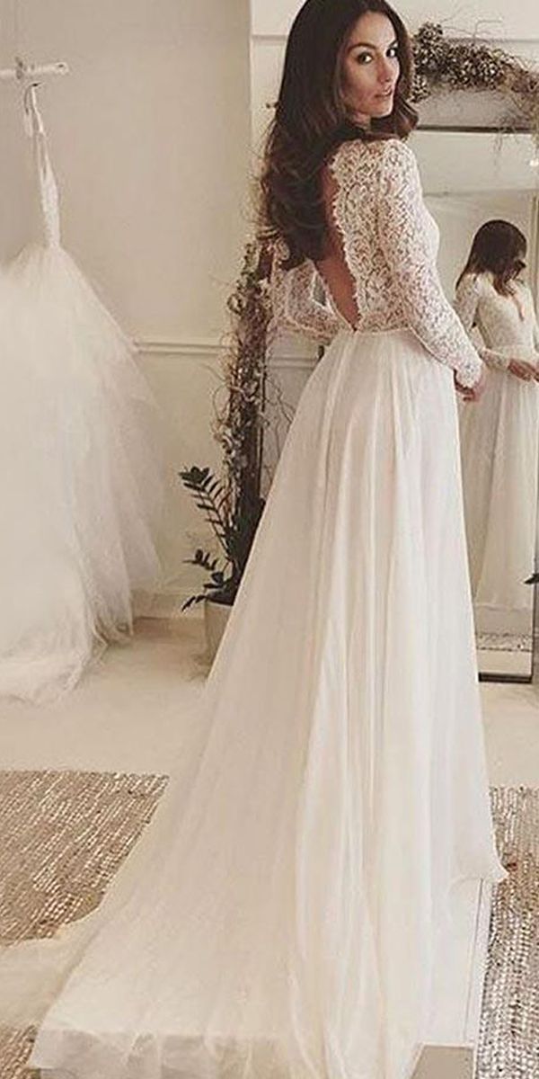 V-Neck Long Sleeves Backless Ivory Chiffon Wedding Dress with Lace WD153 -   16 dress Long 2018 ideas