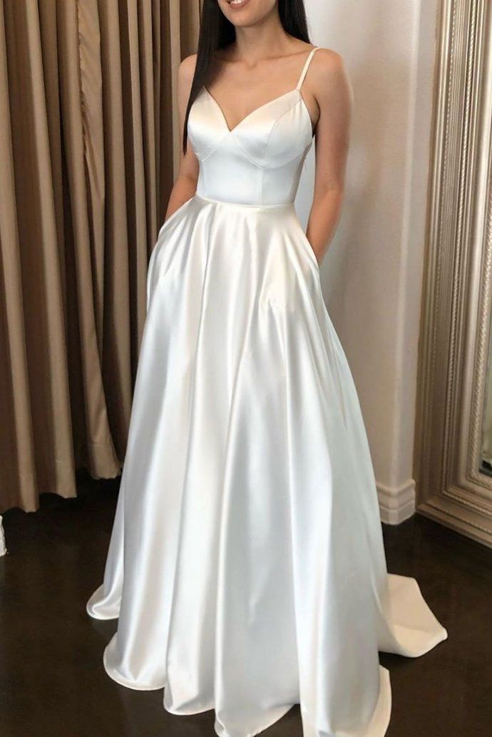 Simple v neck white long prom dress,white formal dress,spaghetti straps wedding dress -   16 dress Long 2018 ideas