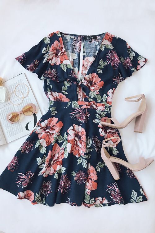 Botanic of Time Navy Blue Floral Print Tie-Front Skater Dress -   16 dress Outfits beautiful ideas
