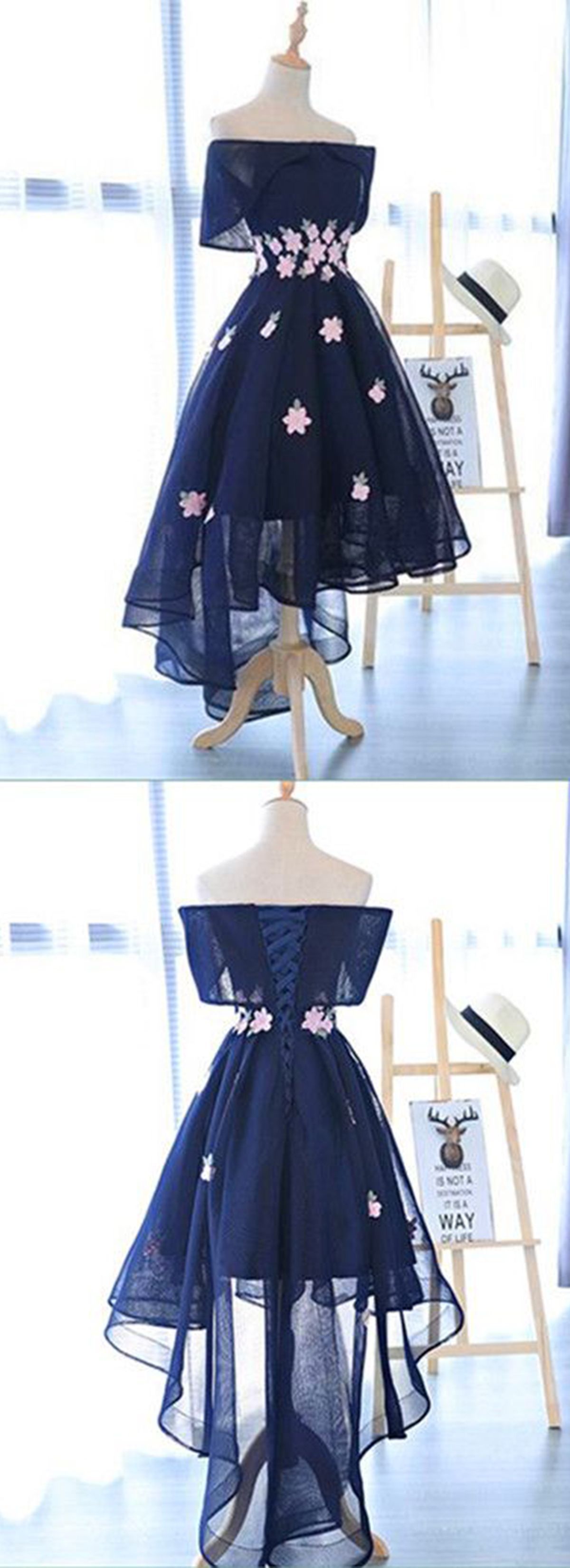Navy blue chiffon off shoulder high low homecoming dress, party dress from Girlsprom -   17 dress For Teens party ideas