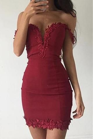 Sheath Burgundy Deep V-neck Off-the-shoulder Homecoming Dresses,Tight Prom Dress,N333 -   17 hoco dress Tight ideas