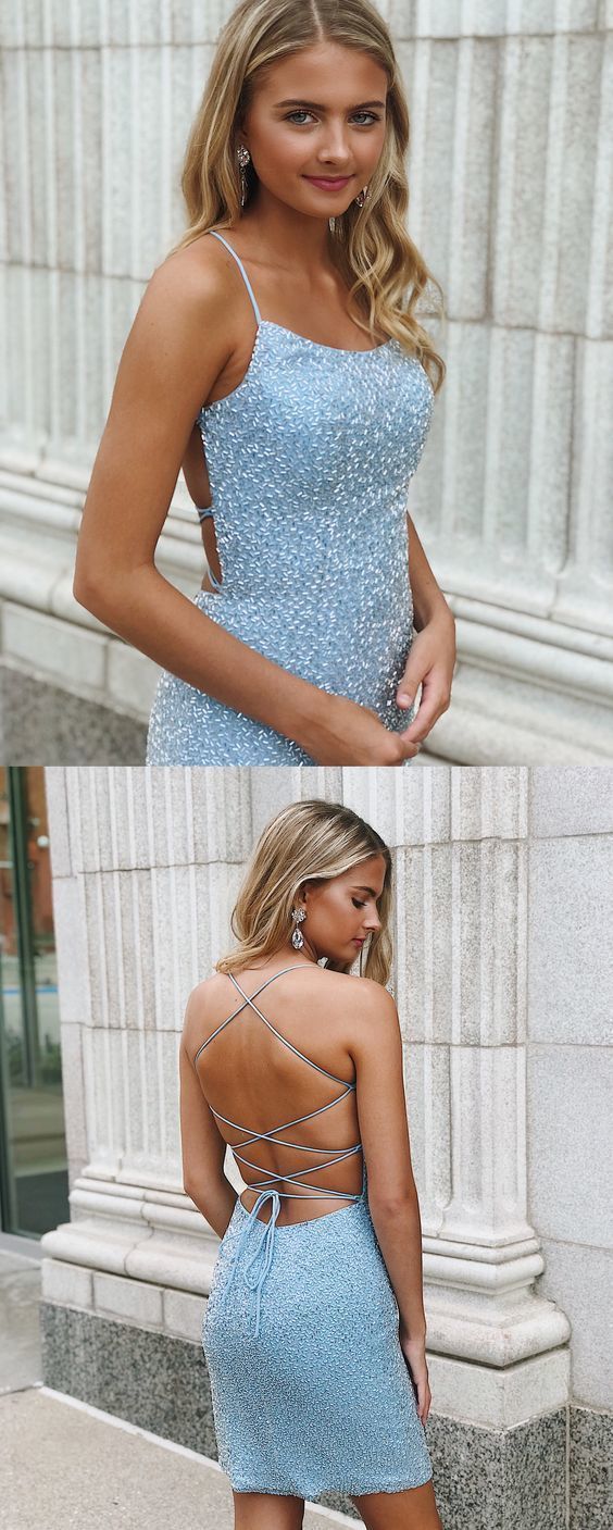 Sexy Open Back Tulle Beaded Short Party Dress, Blue Prom Dress -   17 hoco dress Tight ideas