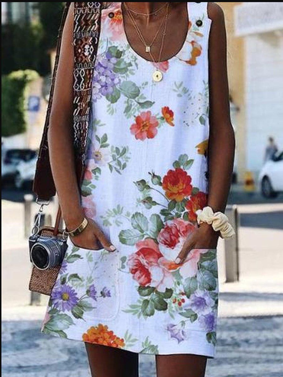 Crew Neck Casual Floral-Print Sleeveless Dresses -   17 sleeveless dress Summer ideas