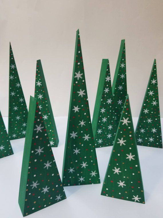 Snowflake Trees. Set of 3 Hand-painted Holiday Trees with snowflakes. Holiday mantel decor. Christma -   18 room decor Christmas paper snowflakes ideas