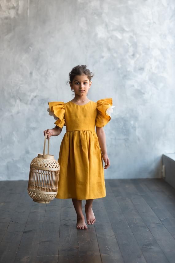 Mustard linen dress for girl with flutter sleeve, girls linen pinafore dress, toddler linen dress -   19 DIY Clothes For Girls teens ideas