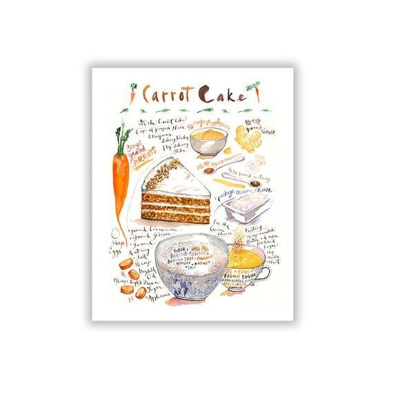 Carrot cake recipe poster, Kitchen decor, Food illustration print, Bakery artwork, Watercolor painting, Colorful wall art, Culinary art gift -   10 carrot cake Drawing ideas