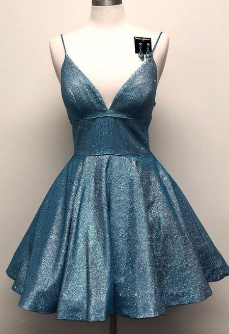 MACloth Spaghetti Straps V Neck Mini Prom Homecoming Dress Aqua Silver Cocktail Dress -   10 dress Cocktail silver ideas