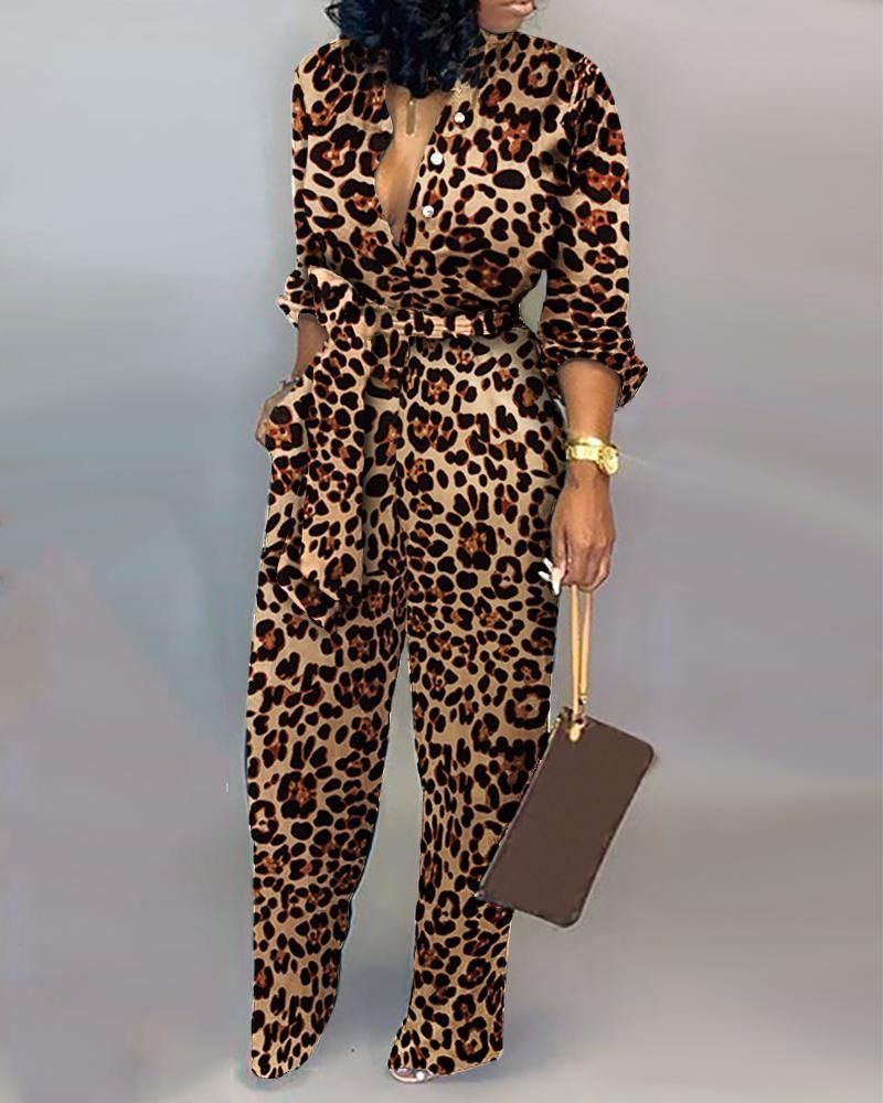 Macac?o de manga comprida de cintura amarrada com leopardo -   11 dress Largos manga larga ideas