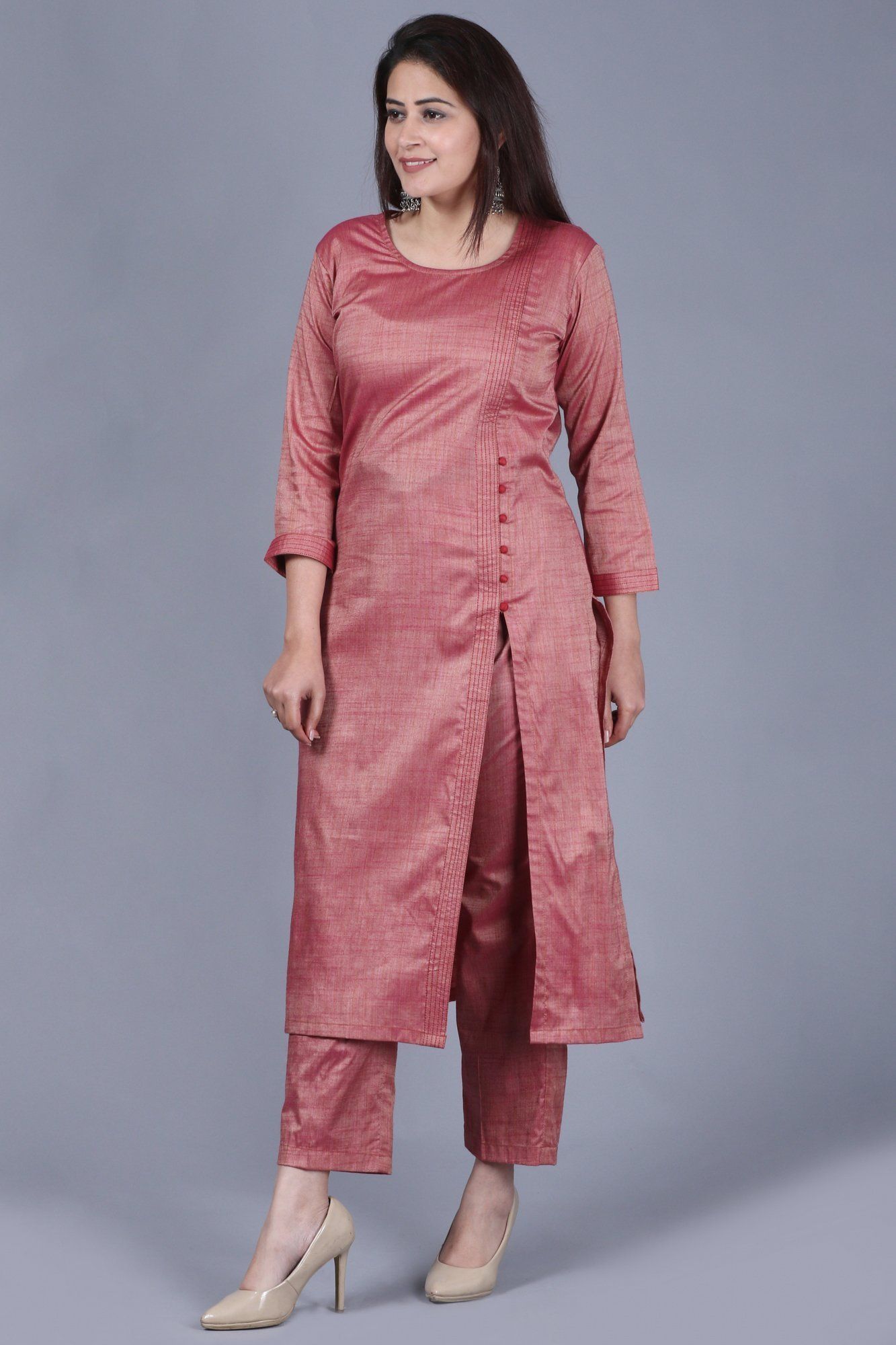 Pinkish Silk Side Slit Kurti with Straight Pants -   12 dress Designs pants ideas