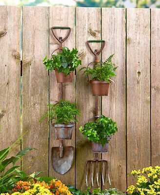 Details about Primitive Country Farmhouse Gardeners Tool Planters Pitchfork Shovel Wall Fence -   12 garden design Rustic interiors ideas