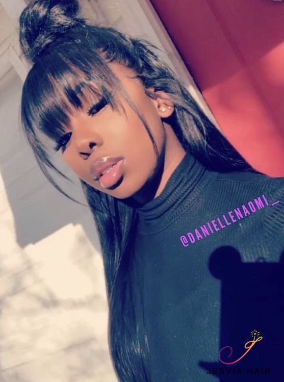 Pretty lace frontal wig with bang, and half bun hairstyle -   12 hairstyles Color half bun ideas