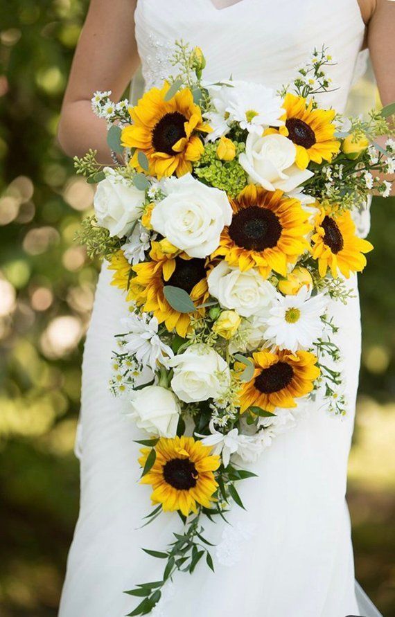 Sunflower bridal bouquet, cascading bouquet, wedding bouquet, bride bouquet, ivory bouquet, greenery bouquet, made to order -   13 wedding Sunflower ideas